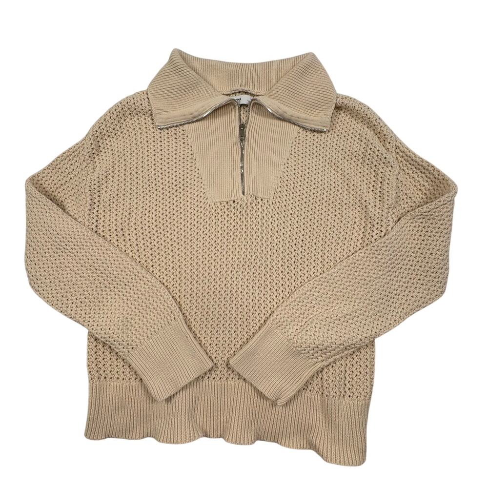 Open Knit 1/4 Zip Funnel Neck Sweater Women's M Cream Coastal Cotton Sonoma